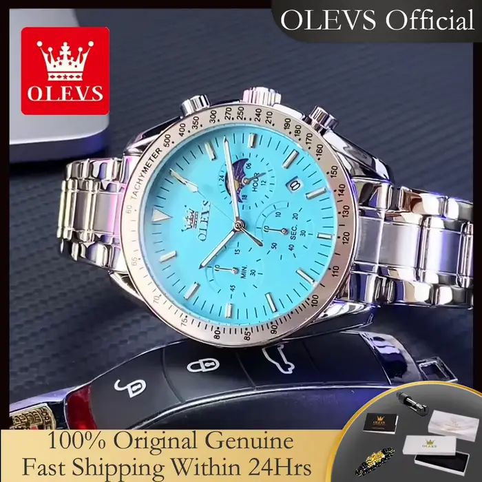 Montre Homme OLEVS 3618 Luxe en Acier Inoxydable Étanche Lumineuse avec Phase de Lune 24 Heures et Chronographe à Quartz – Nouvelle Collection