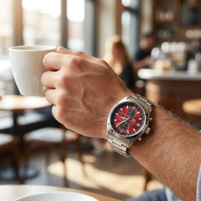 Montre chronographe quartz pour homme Orient acier inoxydable avec date et tachymètre résistante à l'eau pour occasions sportives et professionnelles