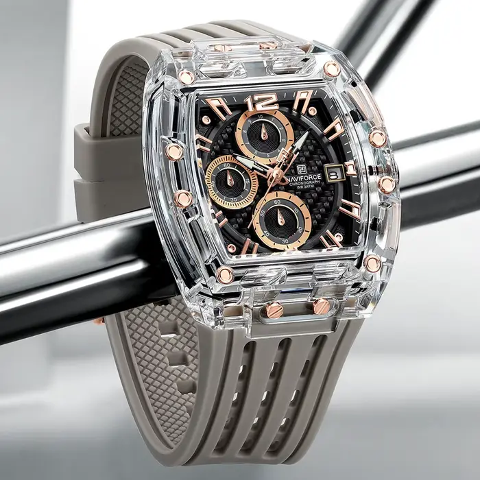 NAVIFORCE 2025 nouveau Design Transparent Tonneau montre hommes Quartz homme montres étanche luxe Sport porte