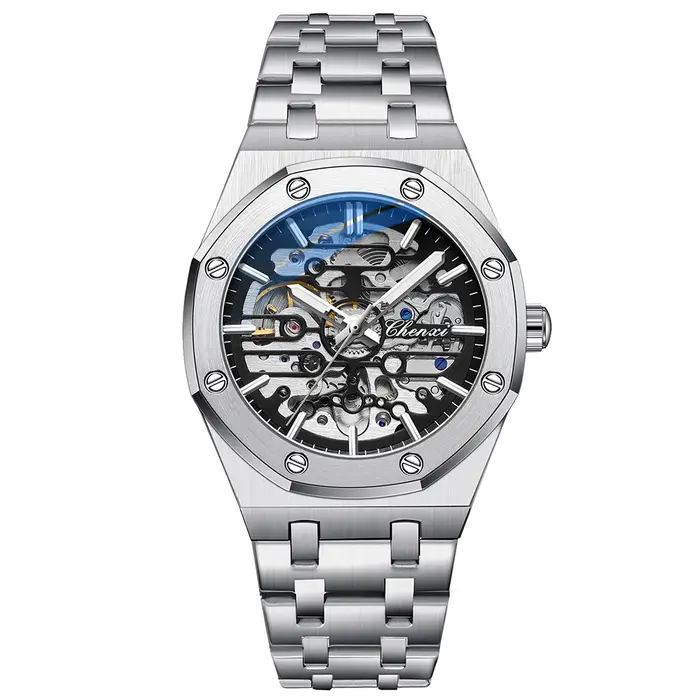 Montre mécanique CHENXI avec mouvement automatique, bracelet en acier inoxydable, résistante à l'eau, design unique pour hommes occassions spéciales