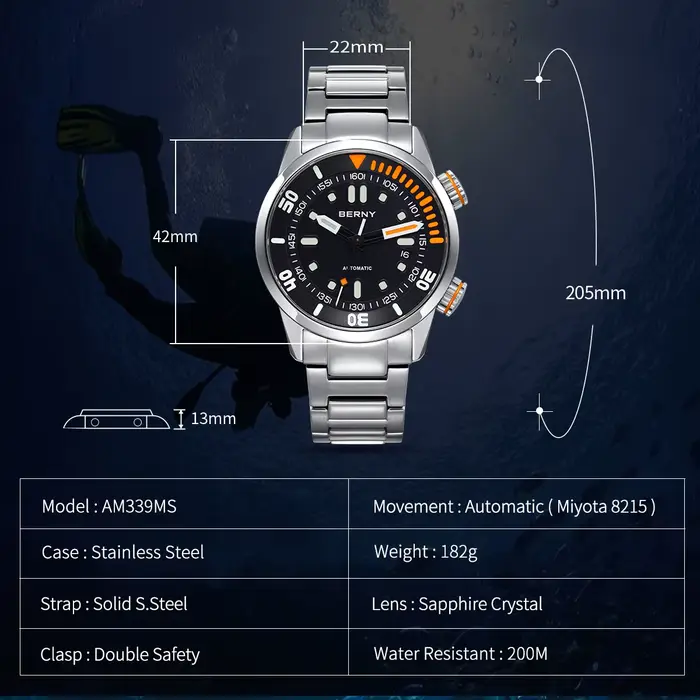 Montre de plongée BERNY avec mouvement automatique Miyota 8215 résistante à l'eau 200m pour hommes aventuriers et amoureux de la mer occasions spéciales et plongée sportive