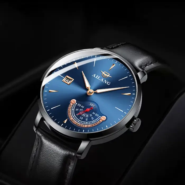 Montre mécanique AILANG en acier inoxydable avec bracelet en cuir de vachette pour hommes, résistante à l'eau, avec affichage nocturne et calendrier complet, pour tous les styles et occasions