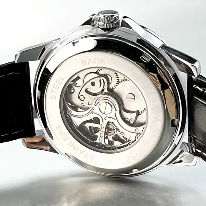 Montre mécanique automatique homme boîtier alliage lumineux bracelet cuir véritable cadran squelette résistance à l'eau occassions spéciales