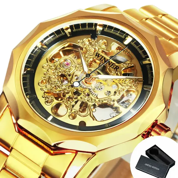Montre automatique squelette doré pour hommes, montre mécanique d'affaires irrégulière, marque de lu