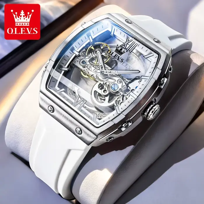  OLEVS automatique hommes montre bracelet en caoutchouc blanc mécanique Tourbillon montres