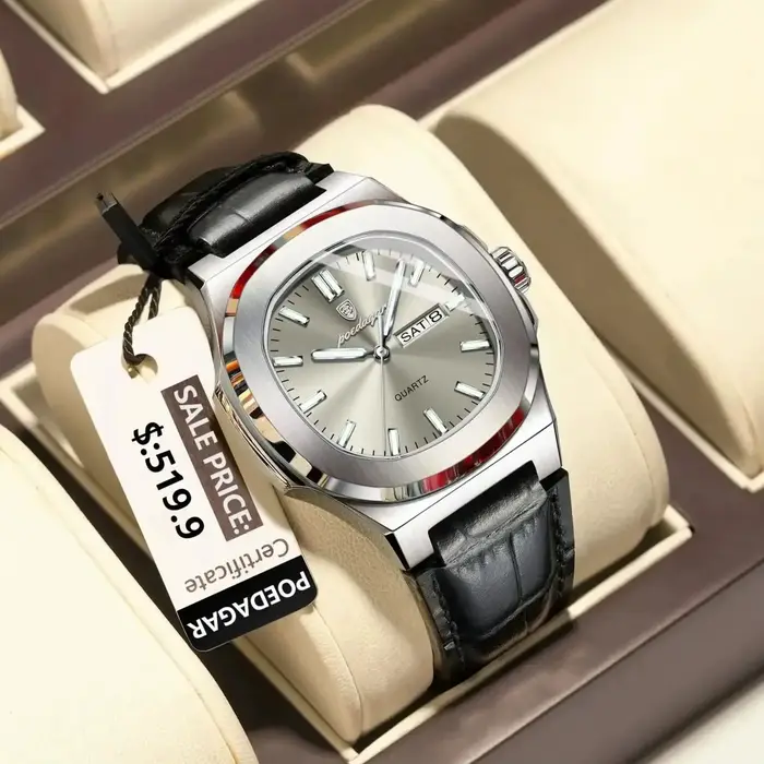 POEDAGAR montre de haute qualité pour hommes de luxe lumineux étanche semaine calendrier homme horloge en cuir carré