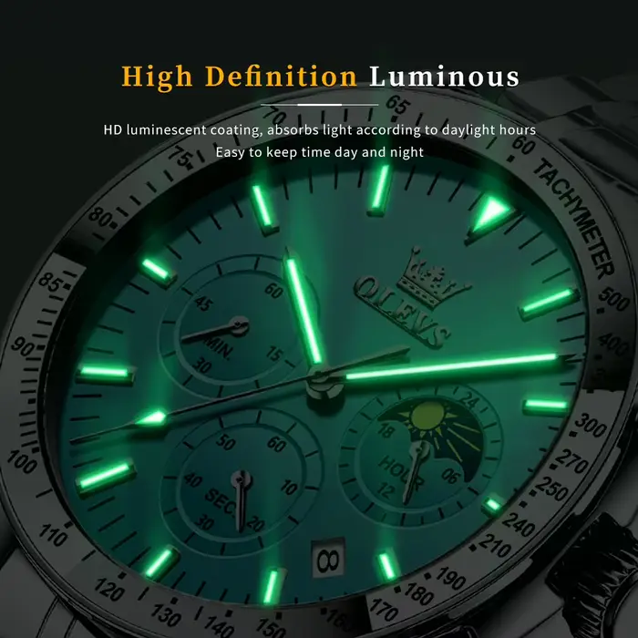 Montre Homme OLEVS 3618 Luxe en Acier Inoxydable Étanche Lumineuse avec Phase de Lune 24 Heures et Chronographe à Quartz – Nouvelle Collection