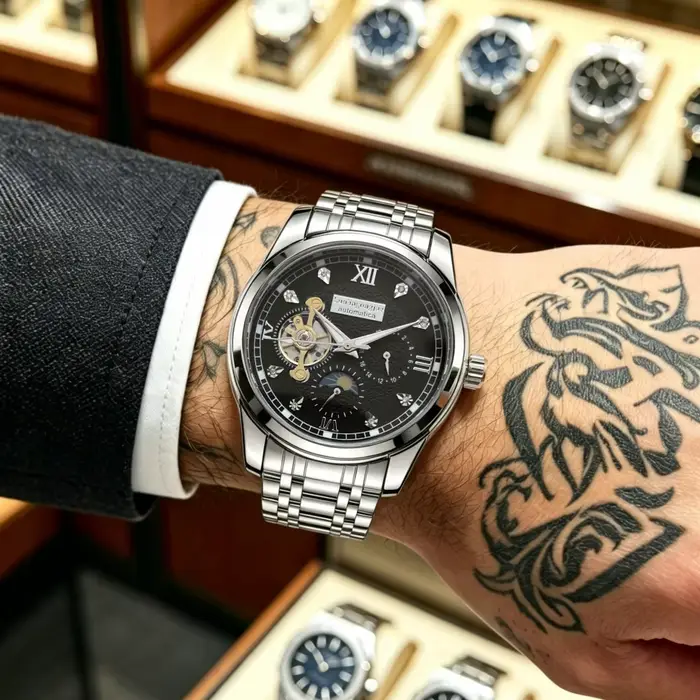 Nouvelle montre mécanique automatique homme design squelette affichage phases lunaires bracelet acier diamants étanche pour homme occasions professionnelles
