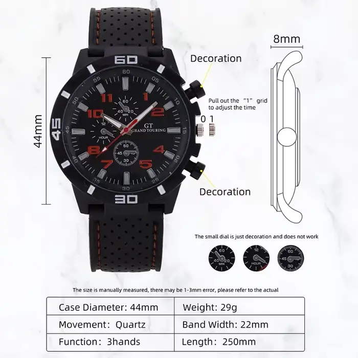 Montre à Quartz en cuir noir pour hommes
