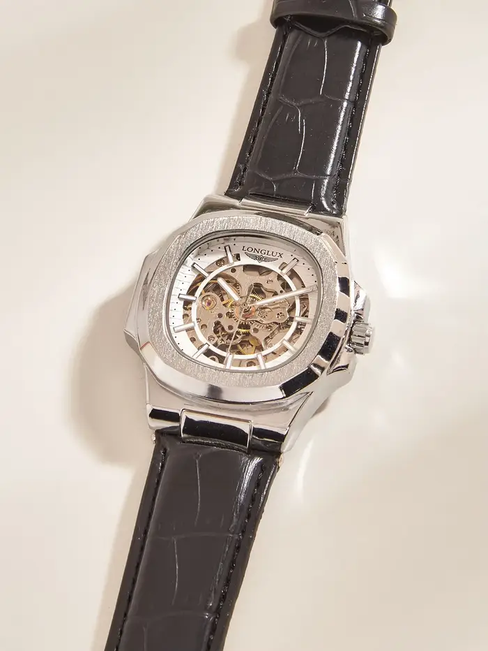 Montre automatique LONGLUX pour homme avec mouvement squelette et résistance à l'eau pour les occasions spéciales et le quotidien
