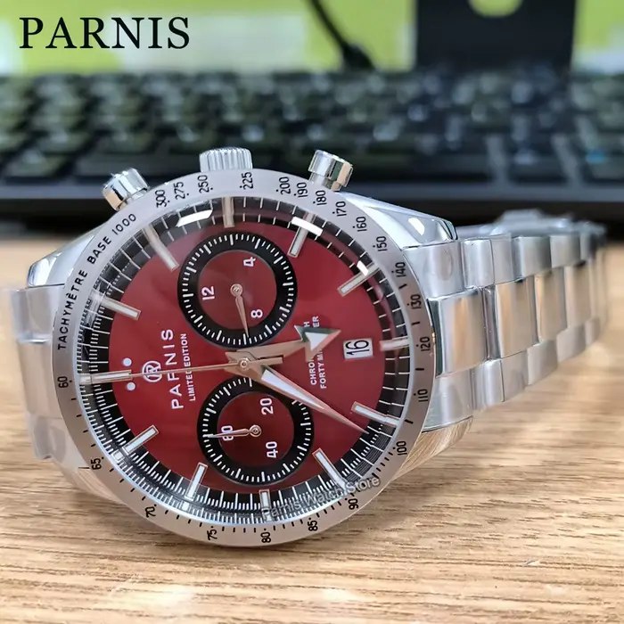 Parnis 40mm cadran rouge Quartz chronographe montre pour hommes bracelet en acier inoxydable