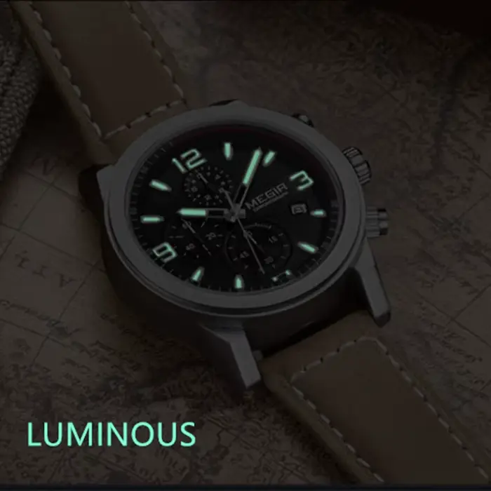 MEGIR luxe chronographe hommes Sport montres bracelet en cuir Quartz montre-bracelet lumineux décontracté mâle horloge Relogio Masculino 2026
