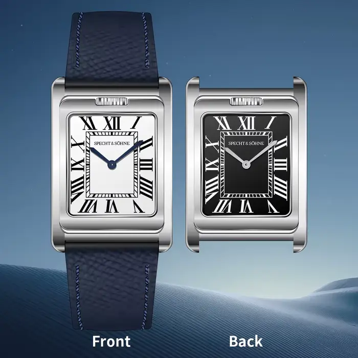 Specht & Söhne Montre à quartz pour homme, montre de sport carrée double face, en acier inoxydable, avec cristal saphir, étanche