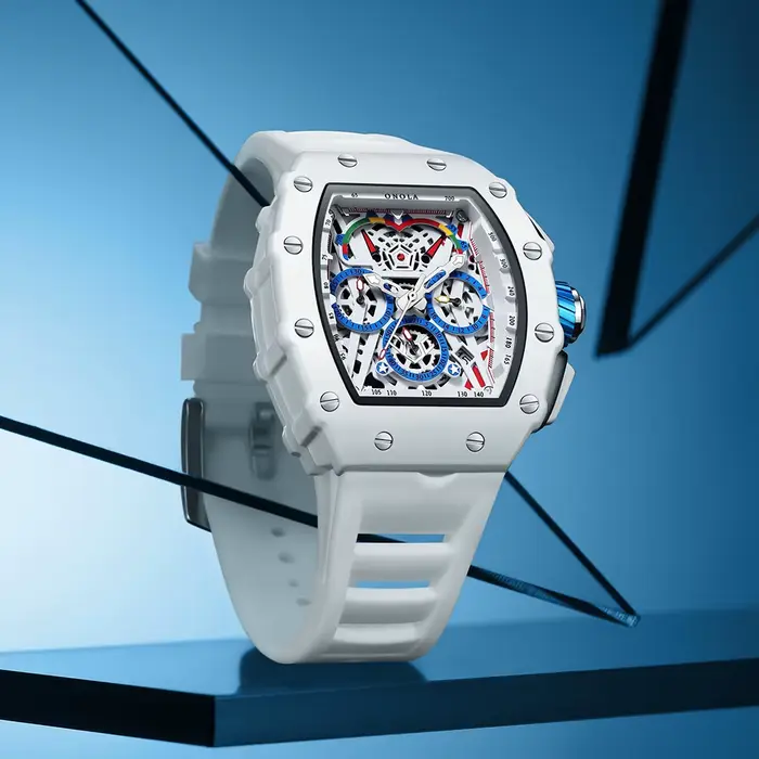 Montre Tonneau ONOLA Élégante et Fonctionnelle pour Hommes Occasions Spéciales Chronographe Quartz Blanc Silicone Bracelet