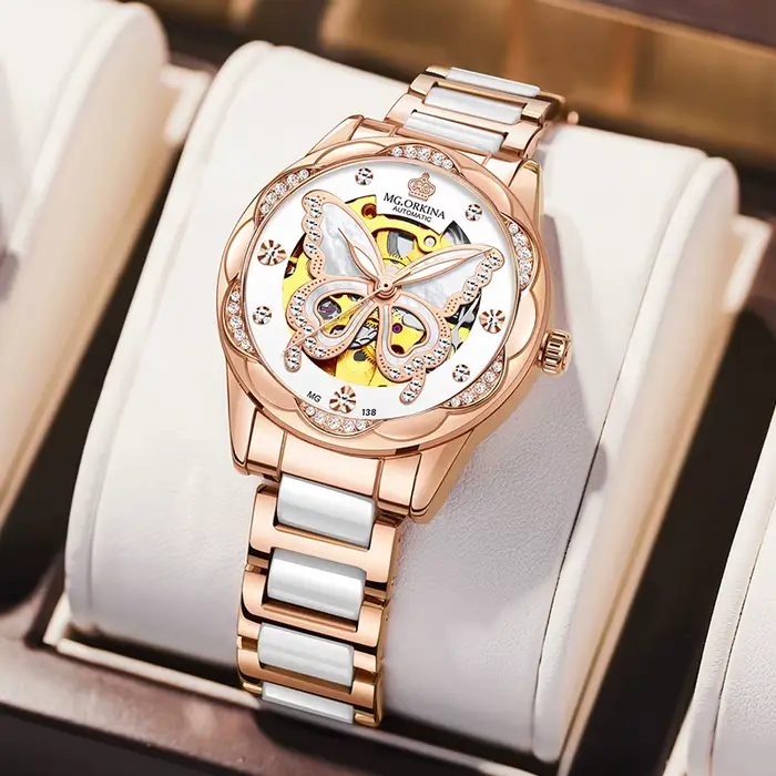 Montre-bracelet mécanique automatique creuse pour femme