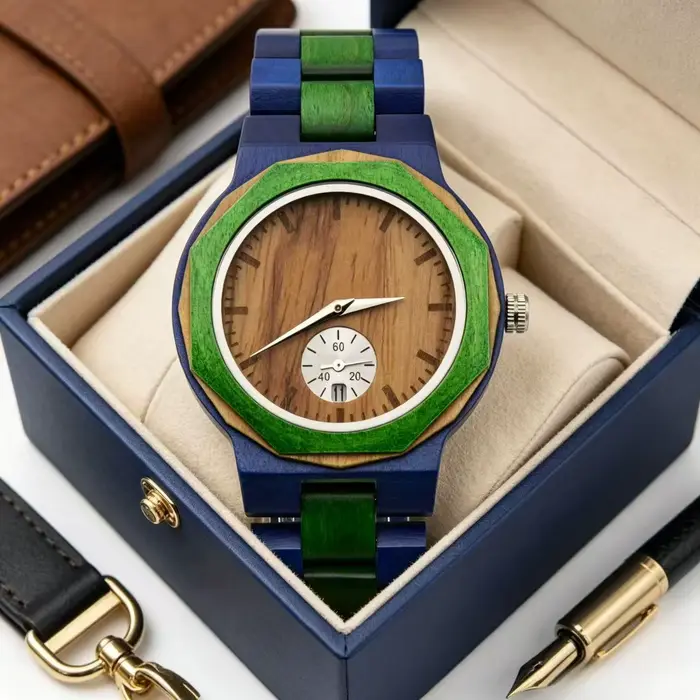 Montre bracelet homme en bois style quotidien tendance cadran rond double affichage heure occassions spéciales