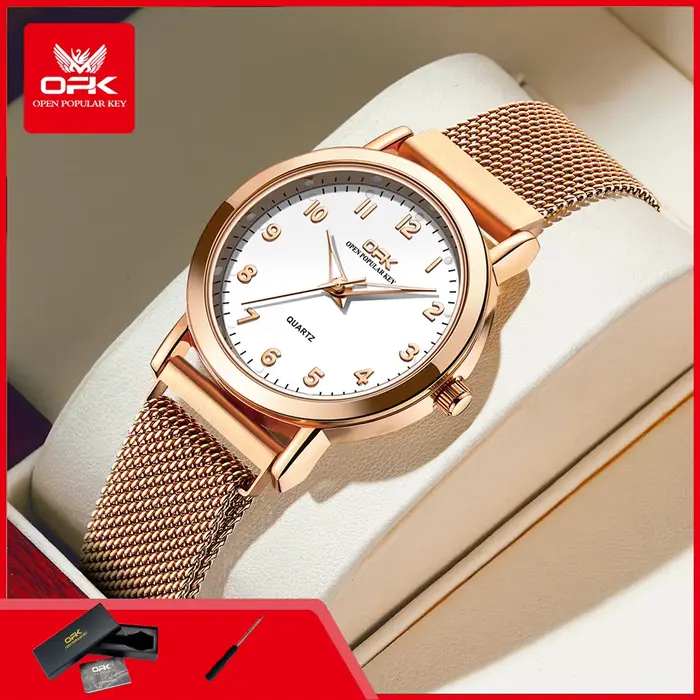 Montre OPK 8115 Quartz Femme Élégante Bracelet Acier Maillé Occasions Spéciales Pratique Résistante À L'Eau