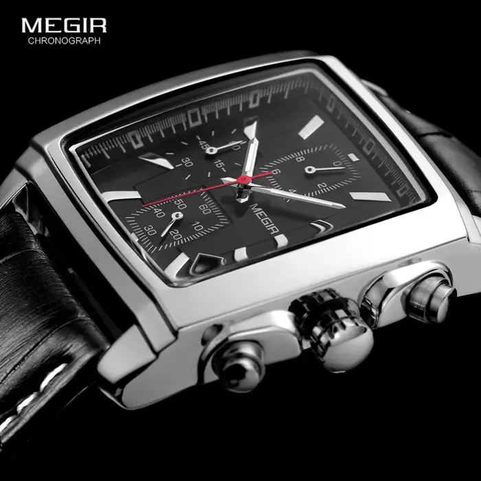 Megir cadran rectangulaire bracelet en cuir Montre pour hommes décontracté bleu chronographe montres à Quartz homme