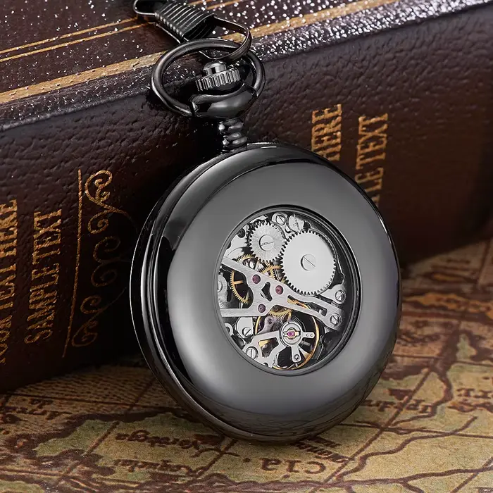Montre de poche vintage mécanique pour hommes squelette noir remontage manuel montres Fob pour occasions spéciales et cadeaux de mariage