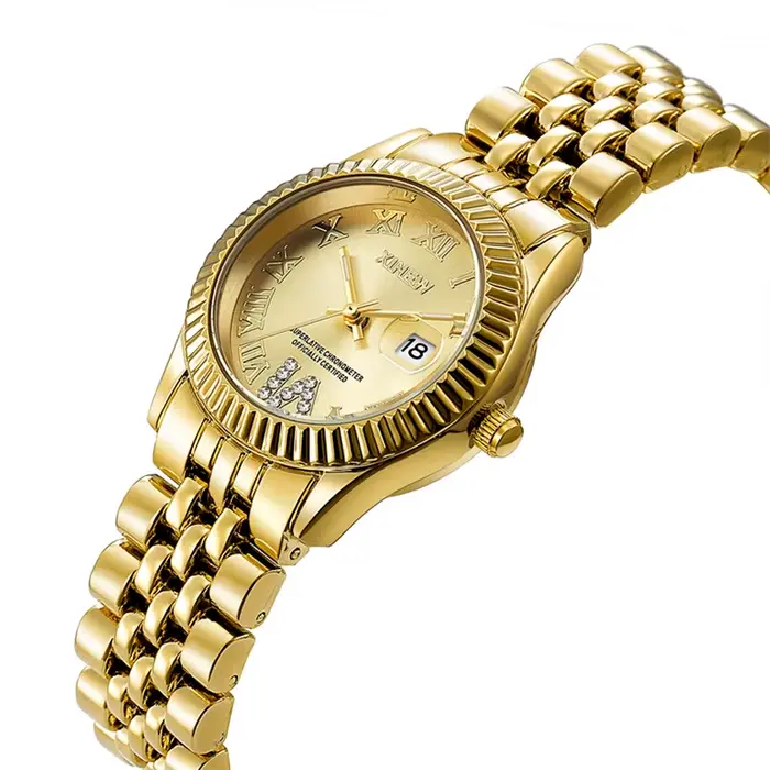 Montre XINEW à Quartz dorée avec calendrier complet pour femmes occasions spéciales