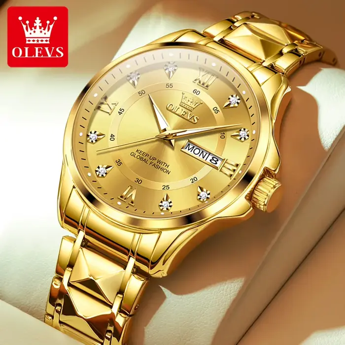 Montre-bracelet à quartz OLEVS 2906 pour homme, double calendrier, acier inoxydable, lumineuse HD, é