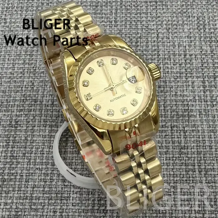 BLIGER 26mm montre mécanique pour femme cadran entièrement en or/or Rose index diamant verre saphir bracelet en acier inoxydable mouvement NH05