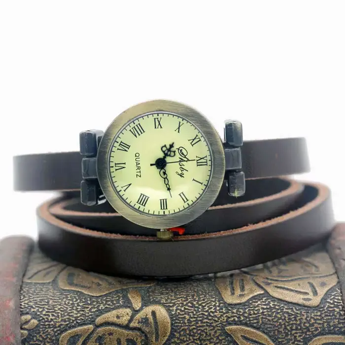 Shsby mode vente chaude femmes longue en cuir véritable femme montre ROMA vintage bronze