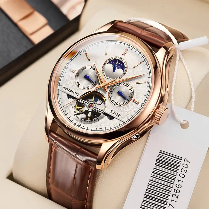 Montre-bracelet mécanique en cuir véritable étanche pour homme