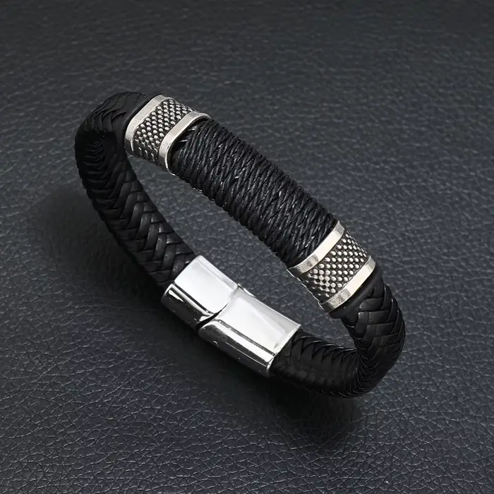 Bracelets en cuir véritable pour hommes et femmes, en acier inoxydable, corde tressée multicouche, b