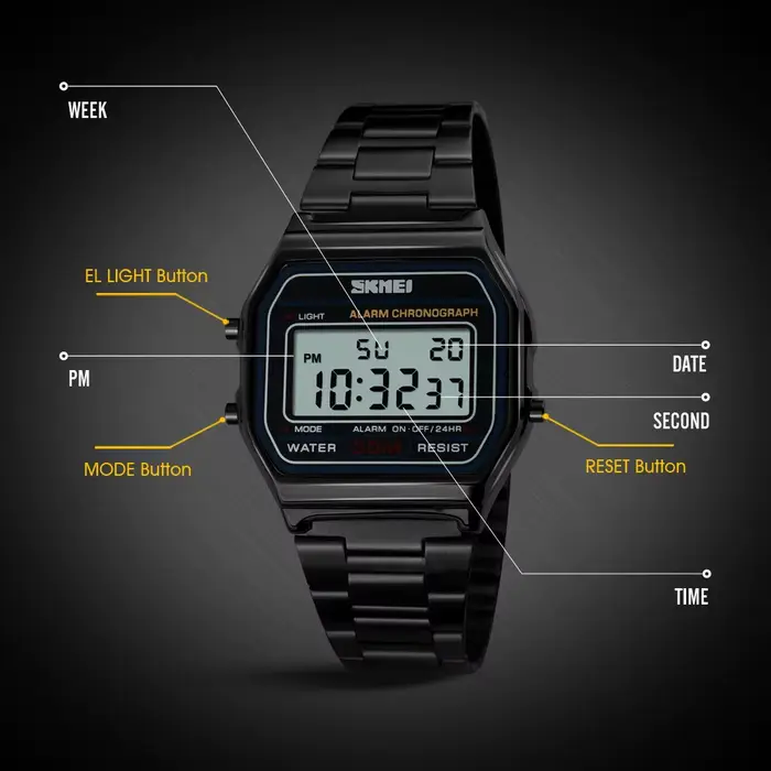 Montre numérique homme en acier inoxydable avec chronographe et alarme pour occasions spéciales et mode de vie actif