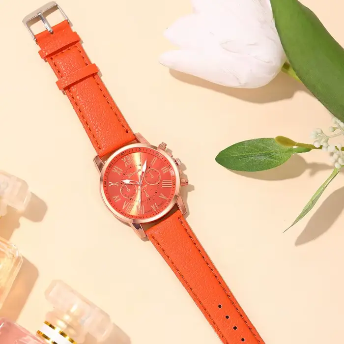 Reloj Mujer Mode Femmes Montres Dames Orange Cuir Quartz Montre-Bracelet