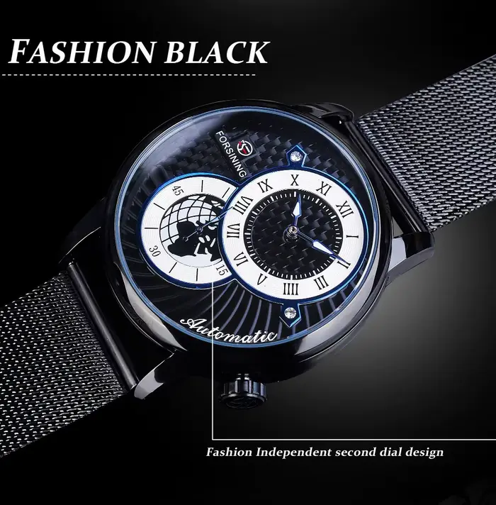 Forsining Top marque 2 yeux hommes squelette automatique montre mécanique mode Style décontracté avec maille en acier unique deuxième entraînement