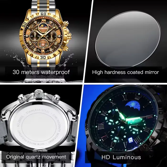 BINBOND luxe mode hommes montres multi-fonctionnel en acier inoxydable Original Quartz montre-bracelet Phase de lune chronographe étanche