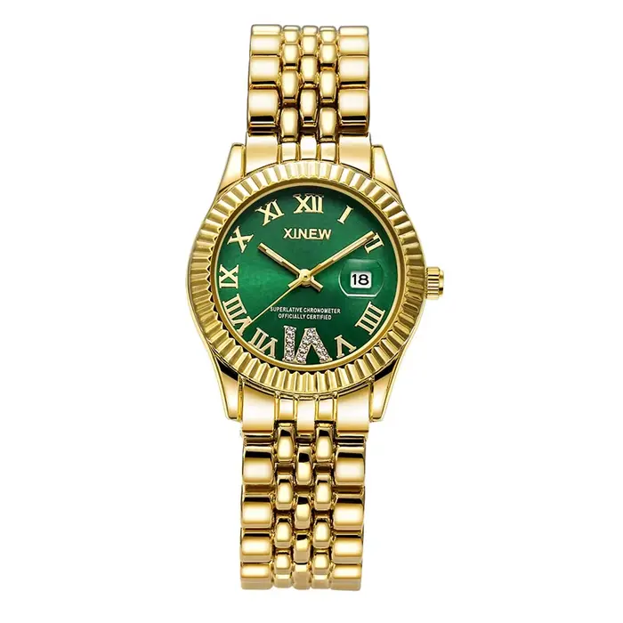 Montre XINEW à Quartz dorée avec calendrier complet pour femmes occasions spéciales