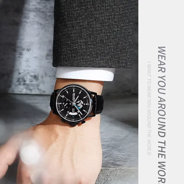 Montres de sport homme quartz étanches avec chronographe et calendrier complet en cuir bronze café multicolore rose