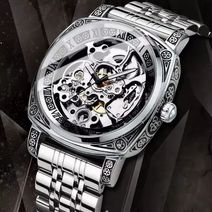 Montre Squelette Luxe Homme Automatique Carré Gravé Bracelet Acier Cuir Aiguilles Lumineuses Occasions Spéciales