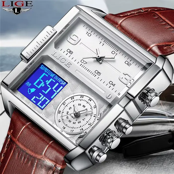 Montre de sport LIGE 2025 avec affichage numérique et analogique, résistante à l'eau, chronomètre, multiple fuseaux horaires, bracelet en cuir pour homme occassions spéciales