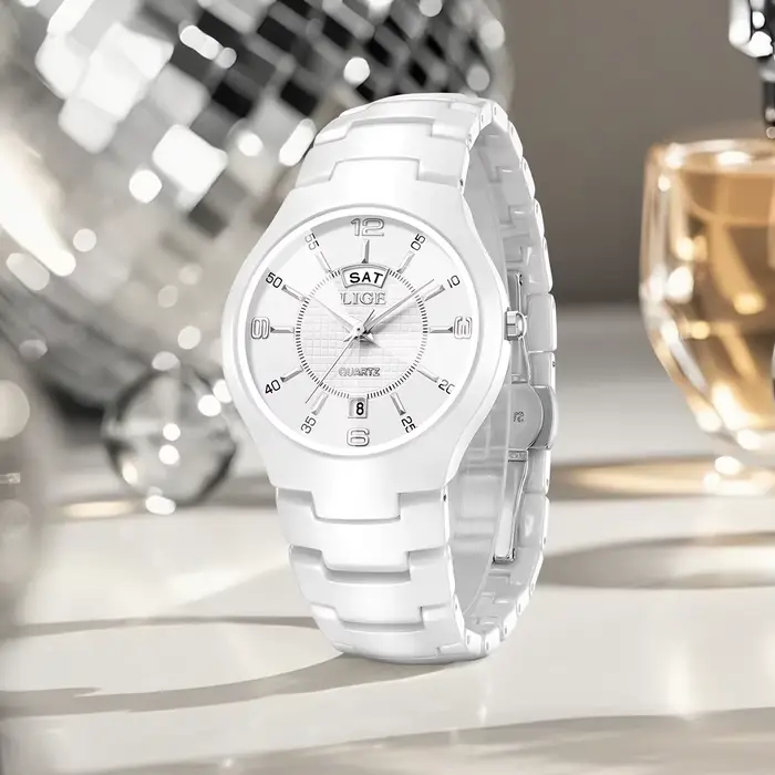Montre élégante en céramique pour femmes avec affichage de la semaine et résistance à l'eau pour toutes les occasions