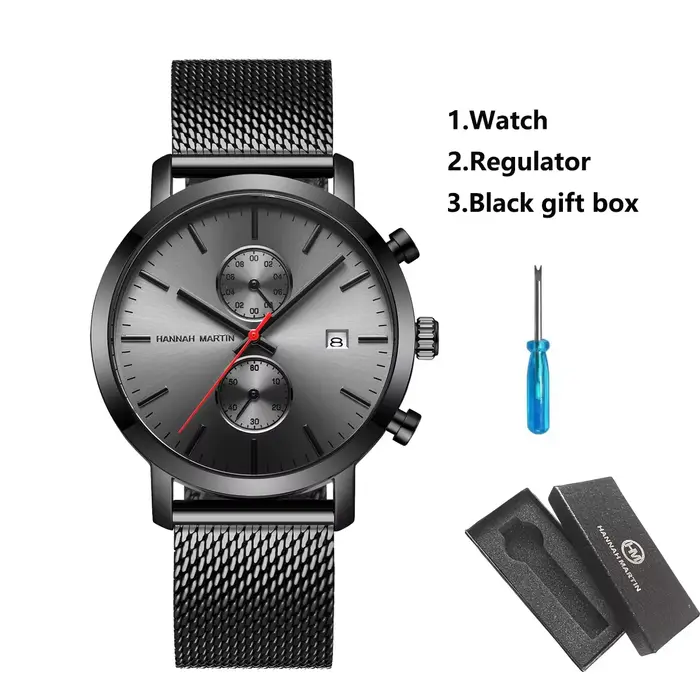 Montre Homme HANNAH MARTIN Noire Créative Multifonctionnelle Atmosphérique de Haute Qualité 40mm Géo