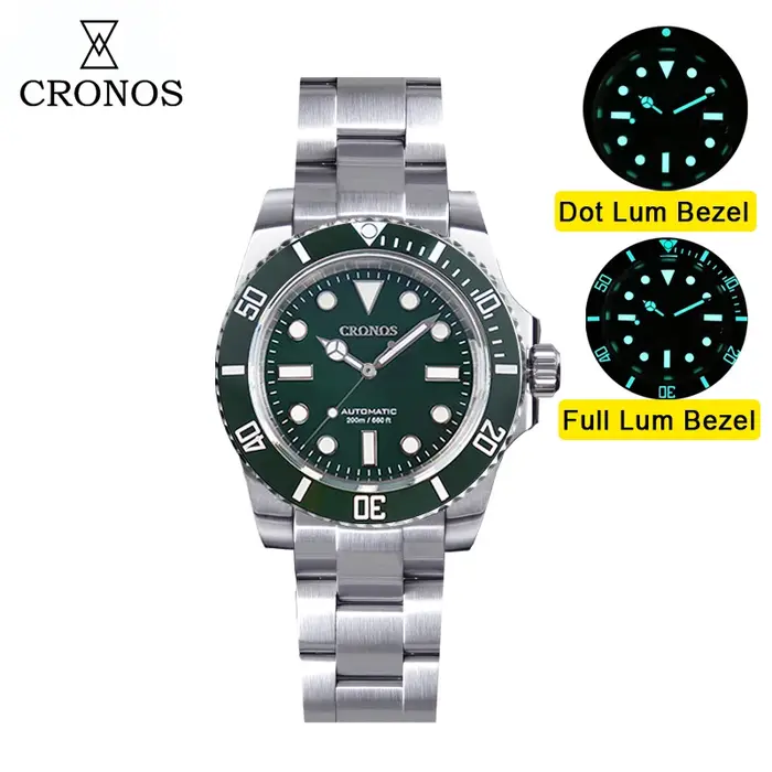 Cronos Sub Diving Montre mécanique automatique pour homme sans date PT5000 Bracelet brossé Lunette en céramique Étanche 200m Fermoir réglable L6005