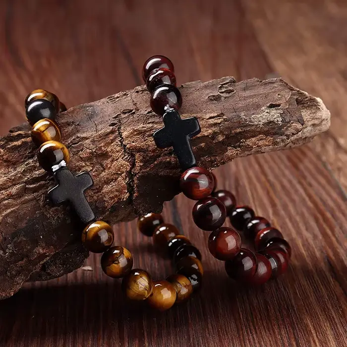 Bracelet holographique en pierre naturelle avec croix pour méditation et relaxation homme femme occasion spéciale