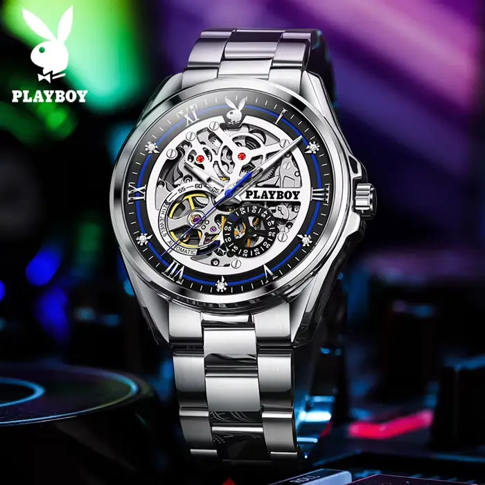 Montre de luxe masculine Playboy 3032 automatique squelette acier inoxydable résistante à l'eau pour hommes affaires décontractées occasions spéciales