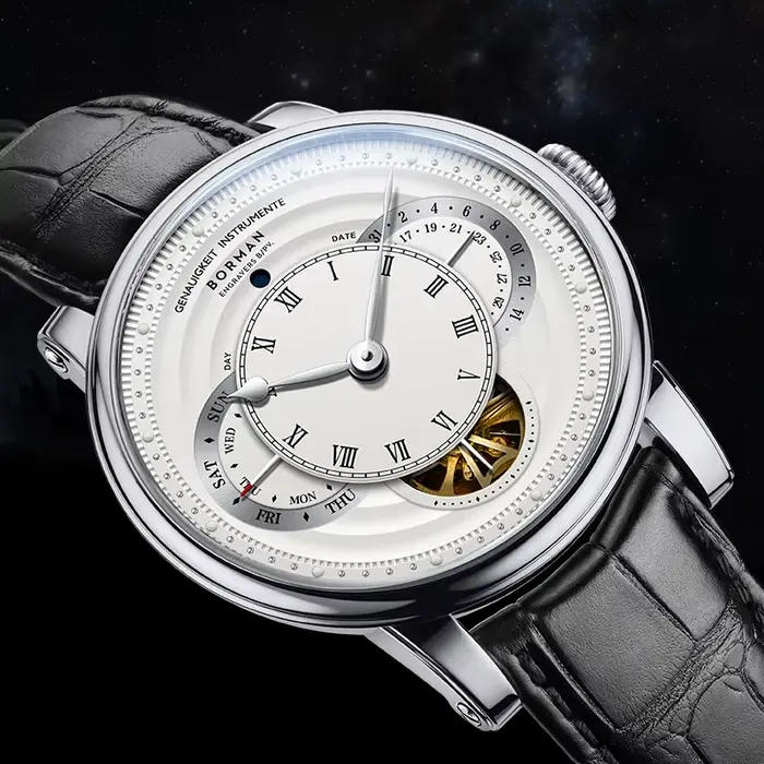BORMAN Design luxe hommes montre-bracelet automatique cadran squelette bracelet en cuir véritable saphir cristal verre