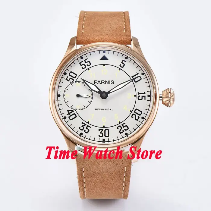 Parnis Pilot Aviator montre pour hommes classique asie 6497 mouvement à remontage manuel cadran noir blanc lumineux acier inoxydable 316L 44mm