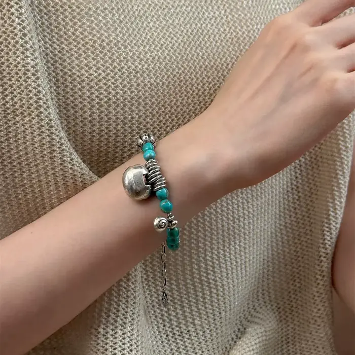 Nouveau style, bracelet à breloques pour femme en argent sterling 925 avec pierre turquoise et design de cadenas vintage