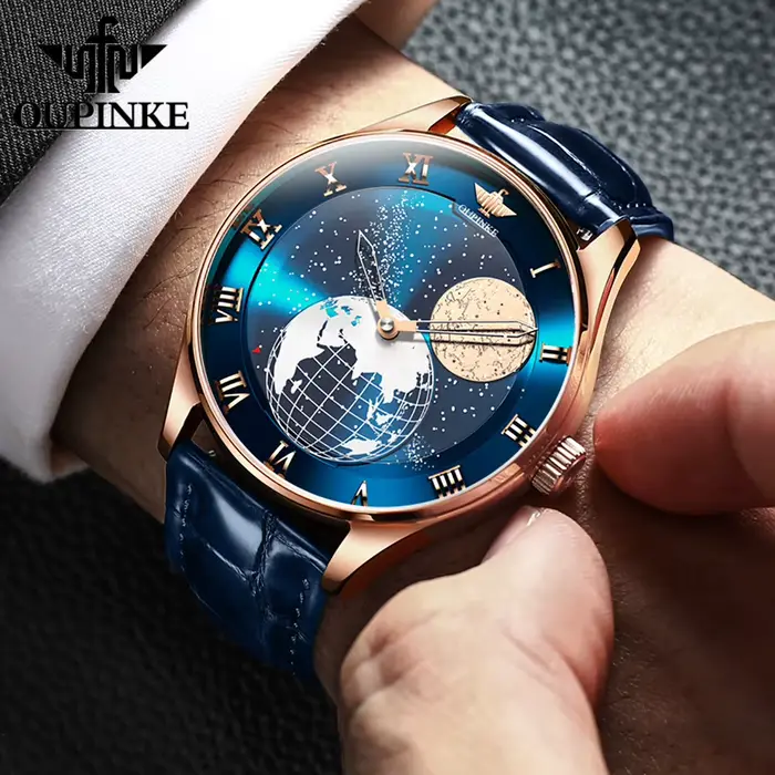 Montre mécanique de luxe OUPINKE avec cadran rotatif 3D Earth Starry Star résistante à l'eau pour homme occasions spéciales romantique et robuste