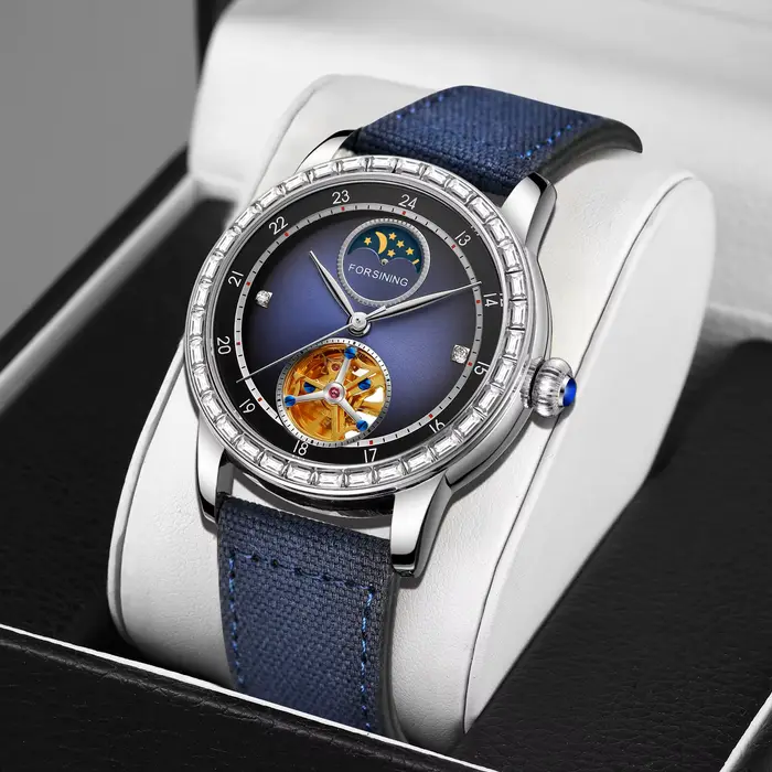 Marque de luxe Tourbillon squelette montres mécaniques Phase de lune sculpté mouvement strass automa