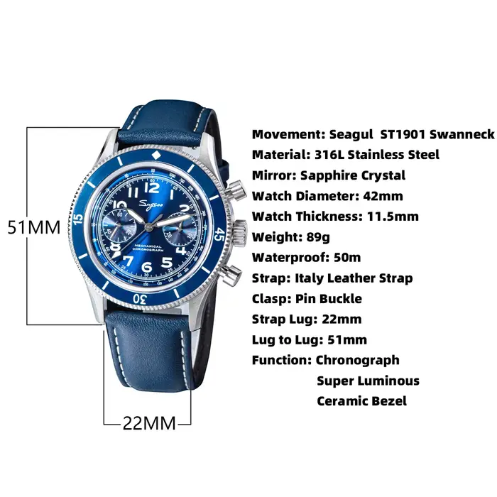 Montre SUGESS Pilote Hommes Chronographe Mécanique Squelette Lumineux Cristal Saphir Cuir Occasions Spéciales
