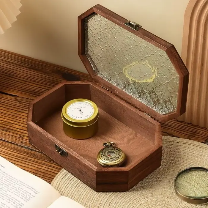 Boîte de rangement en bois à couvercle rabattable