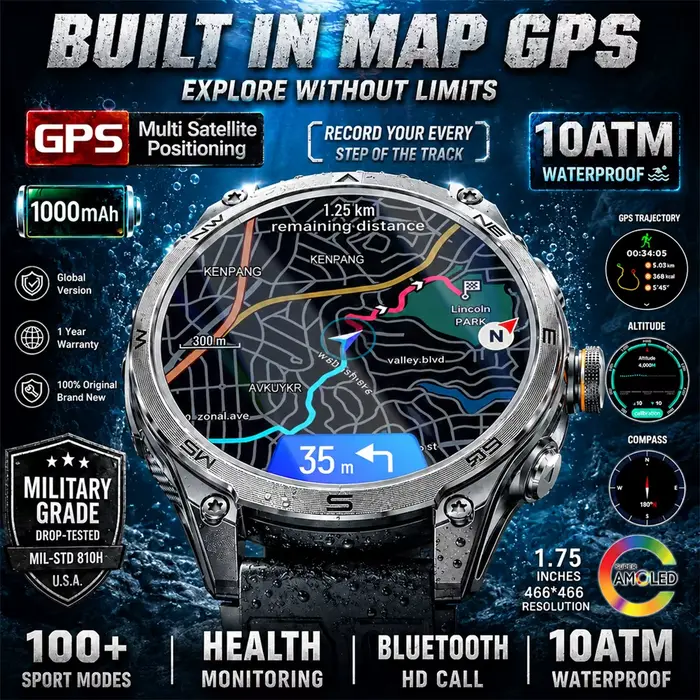 Montre connectée GPS avec écran AMOLED 1.75 pouces, plus de 100 modes sportifs, boussole, altimètre, baromètre, suivi de la santé, résistance à l'eau jusqu'à 100 mètres, autonomie de 7 à 10 jours